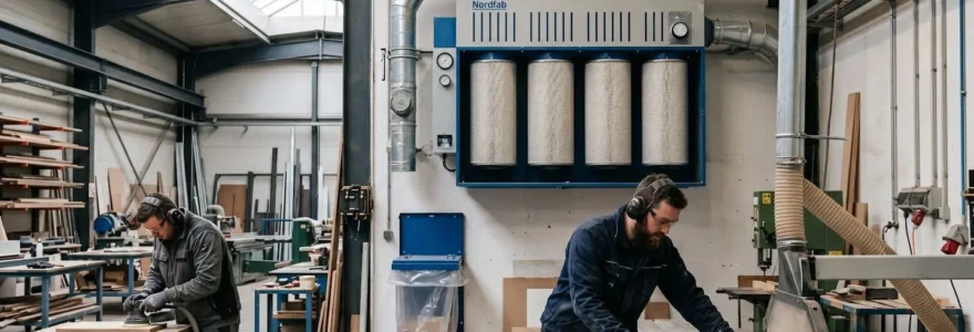 Vue intérieure d'un atelier industriel moderne équipé d'un système de dépoussiérage mural, avec filtres visibles et opérateurs au travail dans une lumière naturelle tamisée