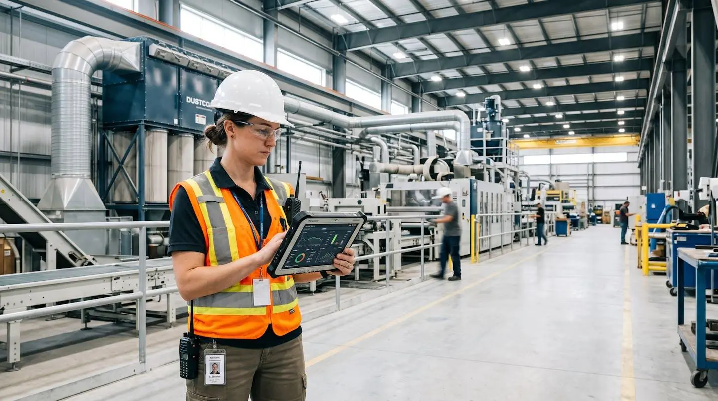 Inspecteur technique avec tablette numérique mesurant la qualité de l'air dans une salle de production industrielle éclairée, équipements de filtration visibles en arrière-plan
