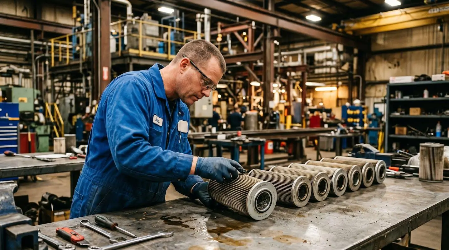 Technicien de maintenance en tenue de protection inspectant des cartouches filtrantes cylindriques extraites d'un dépoussiéreur industriel, fond d'atelier métallique
