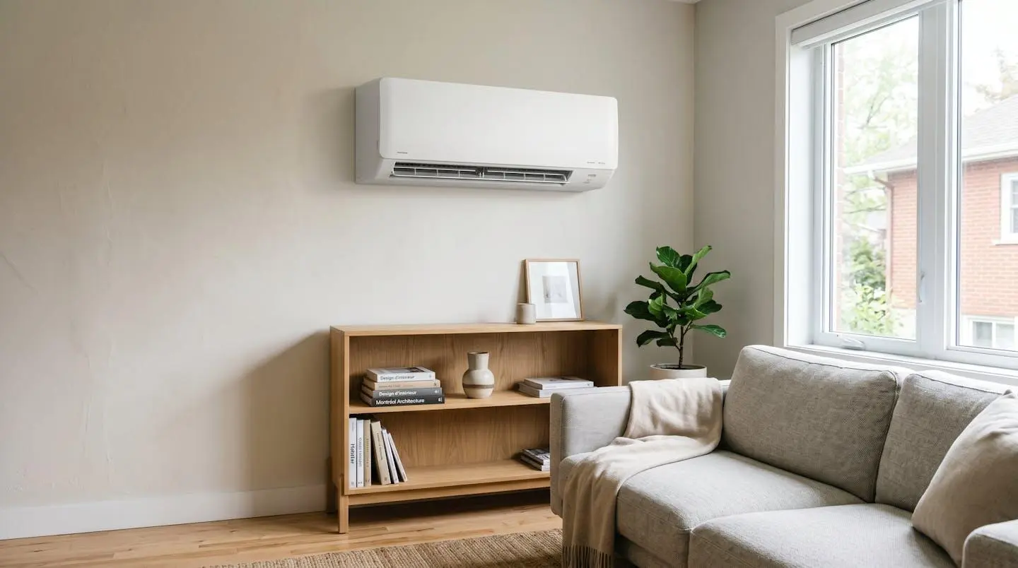 Climatiseur mural blanc moderne installé dans un salon résidentiel québécois contemporain avec mobilier visible en arrière-plan