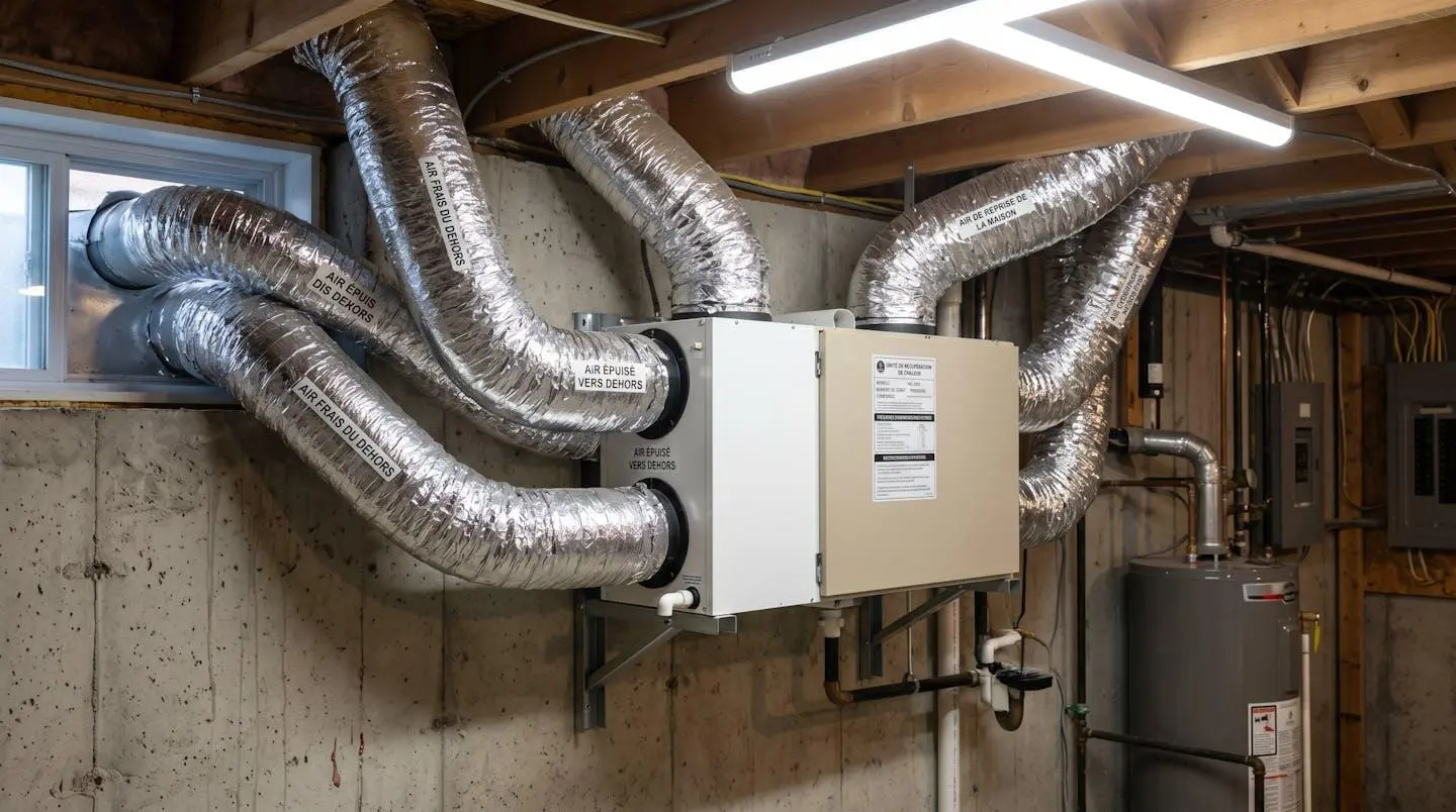 Échangeur d'air résidentiel VRC avec conduits métalliques installé dans salle mécanique de sous-sol québécois, fondation béton et poutrelles bois visibles