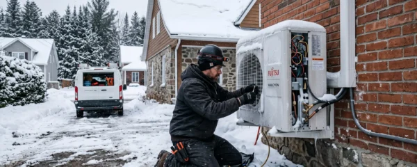 Technicien HVAC en vêtements de travail d'hiver installant une thermopompe extérieure sur le mur de brique d'une maison résidentielle québécoise sous la neige, avec camion de service en arrière-plan