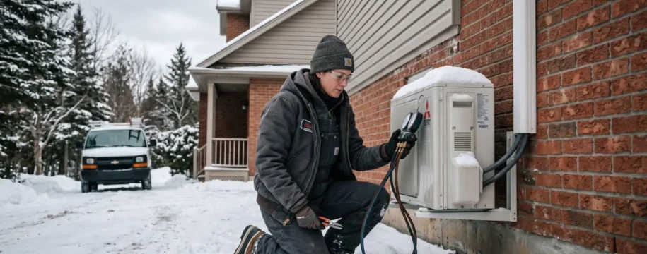 Technicien HVAC en vêtements de travail d'hiver installant une thermopompe extérieure sur le mur de brique d'une maison résidentielle québécoise sous la neige, avec camion de service en arrière-plan