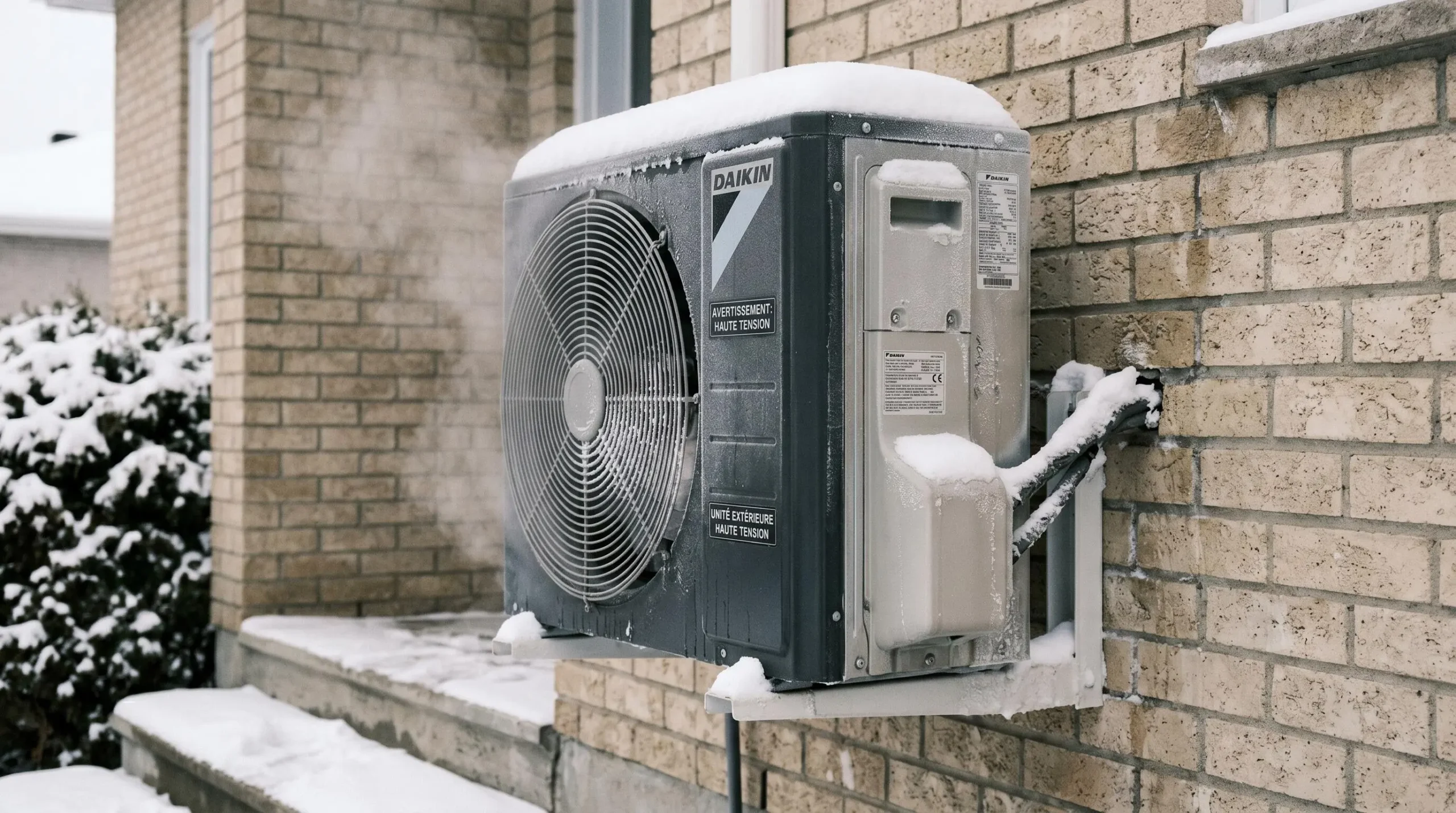 Unité extérieure de thermopompe murale moderne installée sur mur de maison québécoise, en fonctionnement hivernal avec vapeur de condensation et légère accumulation de neige