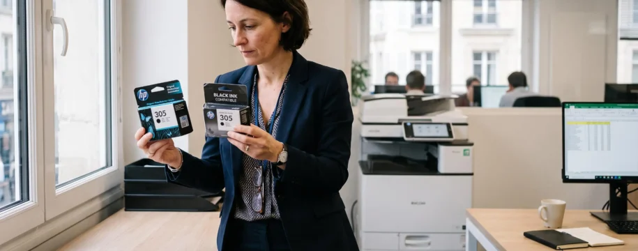 Office manager comparing an original ink cartridge and a compatible cartridge in a modern French workplace