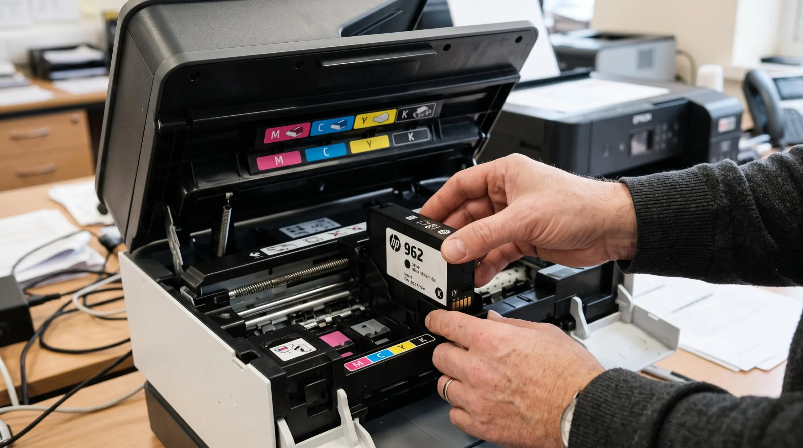 Close-up of hands installing an ink cartridge into a printer cartridge slot