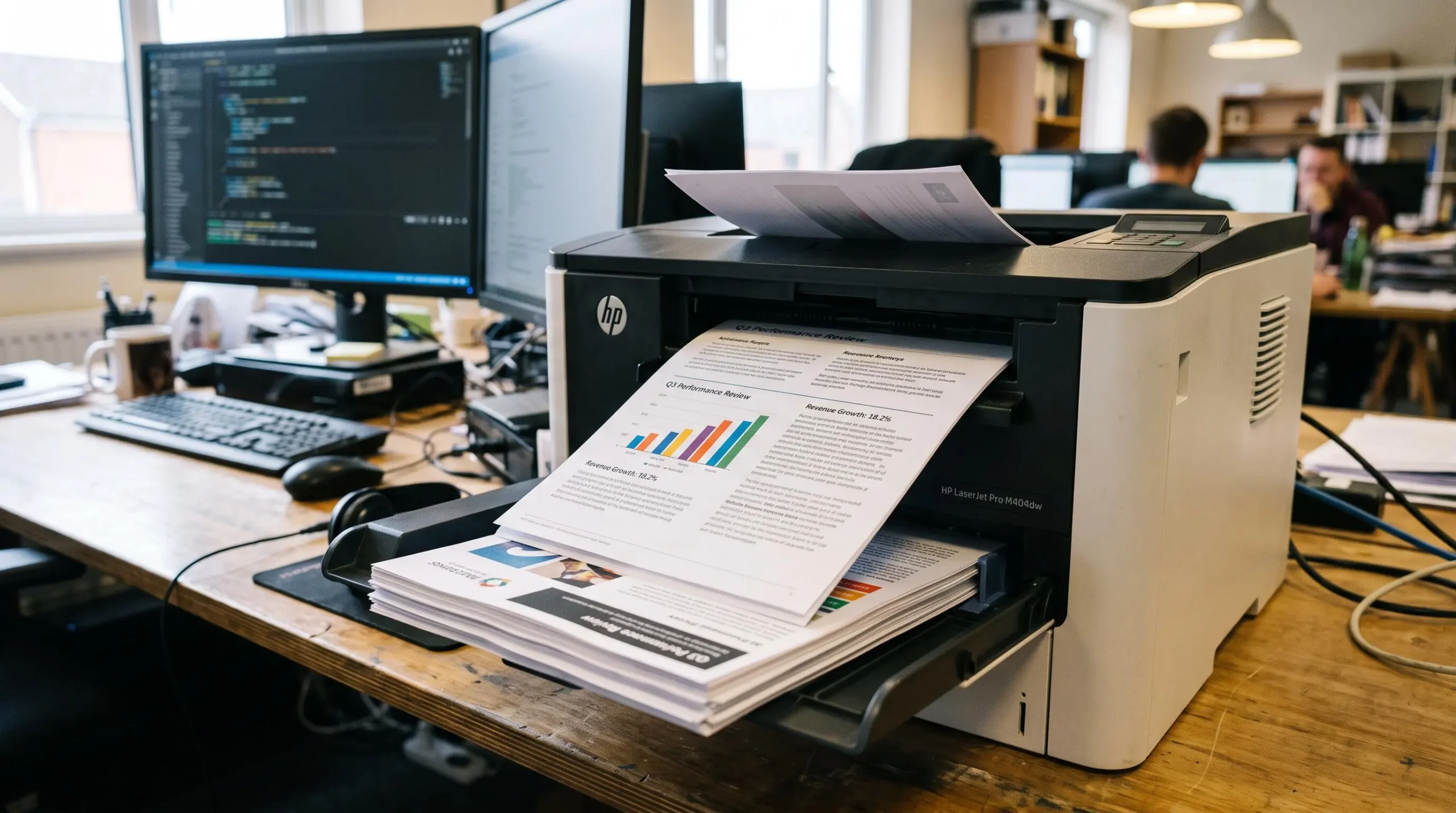 Printed documents in the output tray of an office printer showing print quality results
