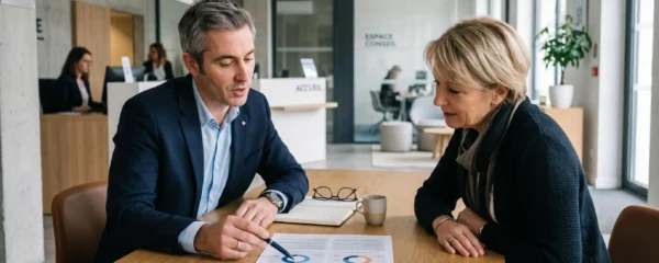 Un conseiller financier explique la répartition entre fonds en euros et unités de compte d'un contrat d'assurance vie à une cliente lors d'un rendez-vous en agence.