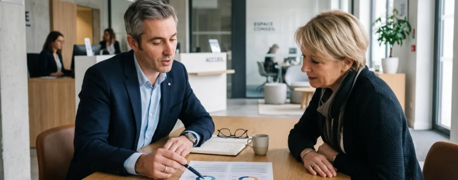 Un conseiller financier explique la répartition entre fonds en euros et unités de compte d'un contrat d'assurance vie à une cliente lors d'un rendez-vous en agence.