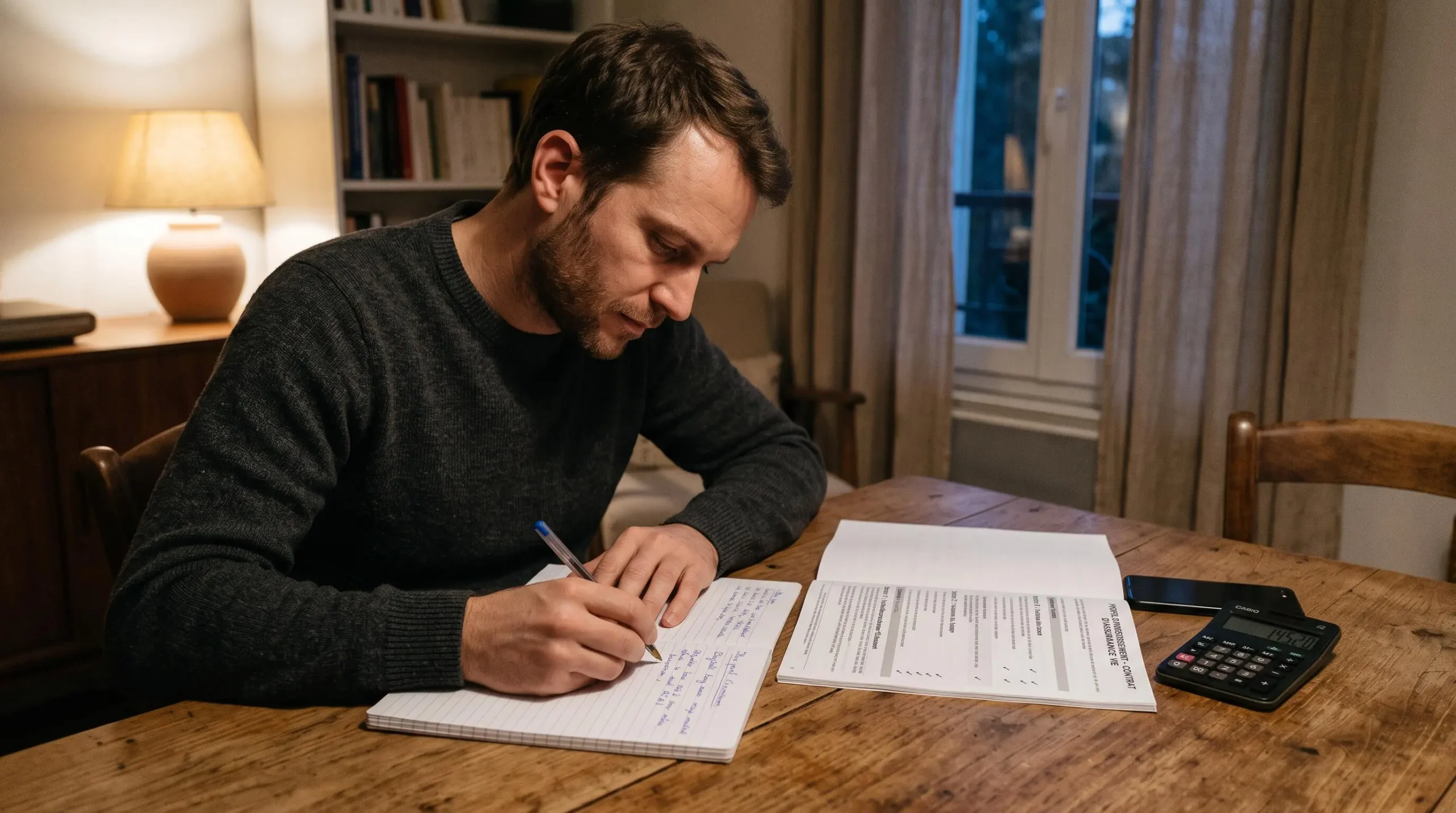 Un homme assis à la table de son salon compare un document d'assurance vie et prend des notes dans un carnet pour évaluer son profil d'épargnant.